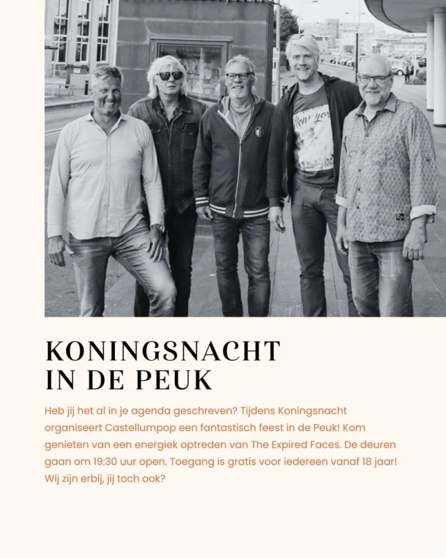 𝗞𝗼𝗻𝗶𝗻𝗴𝘀𝗻𝗮𝗰𝗵𝘁 𝗶𝗻 𝗗𝗲 𝗣𝗲𝘂𝗸! 🎉🎶
Op 25 april wordt De Peuk dé plek voor een fantastische Koningsnacht! Kom dankzij @castellumpop  genieten van een energiek optreden van The Expired Faces 🎸, die de beste pop, rock en soulklassiekers uit de jaren ‘60 tot ‘90 ten gehore brengen. 🕺💃
De deuren gaan om 19:30 uur open en om 20:00 uur start de show. Het feest gaat door tot 00:00 uur! Toegang is gratis voor iedereen vanaf 18 jaar! Mis het niet en kom lekker swingen!
#Castellumpop #Koningsnacht #Feestje #SamenSterk #Wijzijnerbij