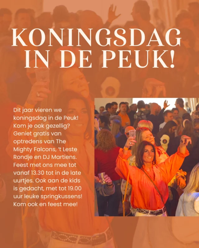 Koningsdag Feest in De Peuk! 🎉
Op 26 april vieren we Koningsdag in De Peuk met een knalfeest vanaf 13:30! 🎶 Kom genieten van DJ Martiens om 13:30, The Mighty Falcons om 17:00, en 't Leste Rondje om 20:00. DJ Martiens sluit de avond af en zorgt voor een onvergetelijke nacht! 🕺💃
🎈 Voor de kids: Springkussens (deelname op eigen verantwoordelijkheid) tot 19:00.
🎟️ Toegang: Gratis! Wil je lid worden van de Oranjevereniging? Dit helpt ons geweldige evenementen voor Valkenburg te blijven organiseren! Check onze website! 🫶
Mis het niet!  #KoningsdagValkenburg #DePeuk #Feest #Muziek #DJMartiens #TheMightyFalcons #LesteRondje #PeukParty